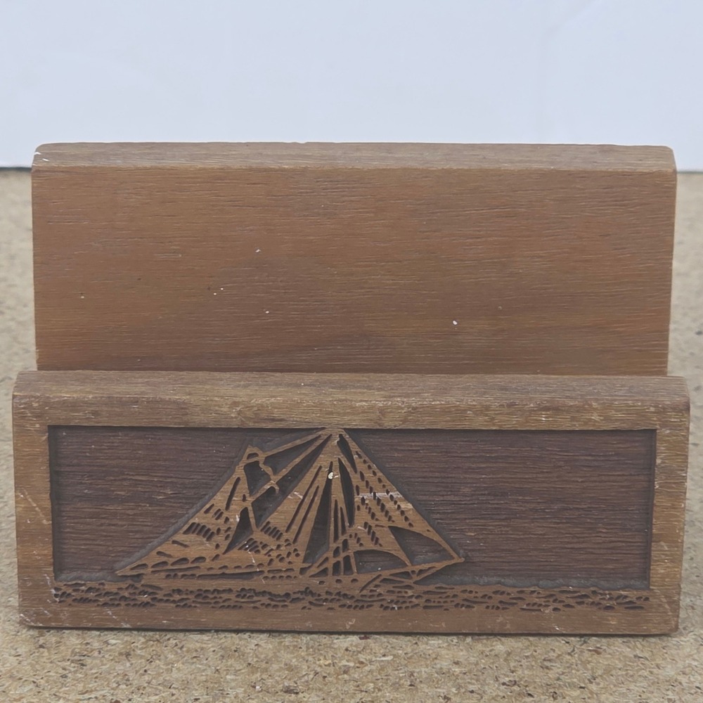 Vintage Lasercraft Wood Card‎ Holder Laser Engraved Sailing Ship Nautical